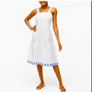 J. Crew Embroidered Saffron scalloped tiered white blue trim dress $128